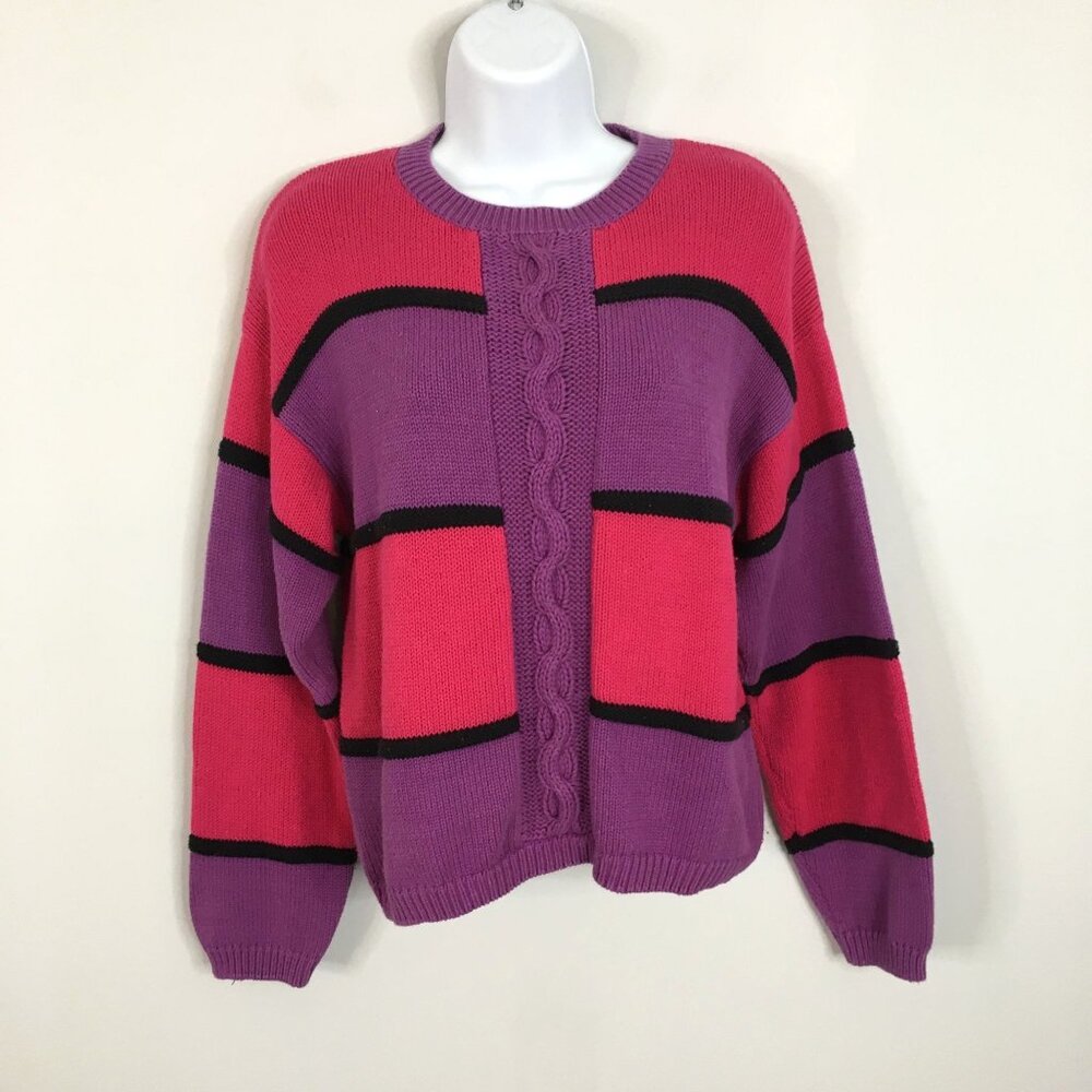 Vintage 90s Women Grunge Cable Knit Sweater Size PM Purple Pink Bright Pullover